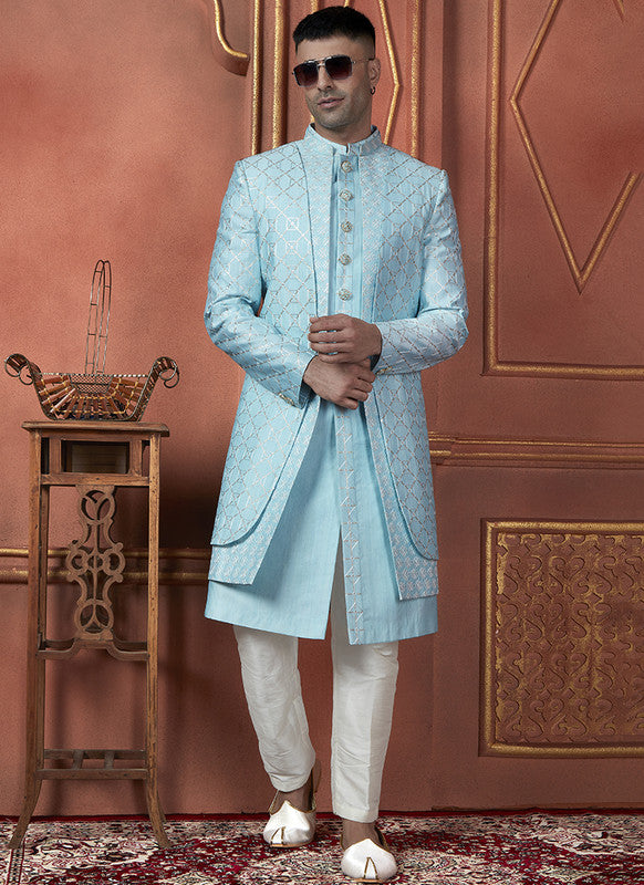 Men's Sky Blue Art Silk Thread Work Indo Western Set