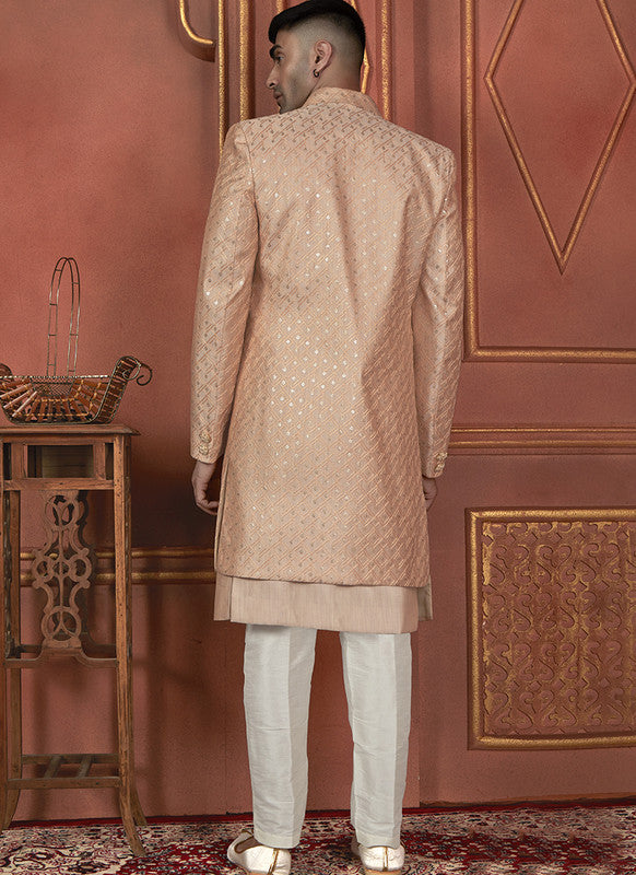 Men's Dusty Peach Art Silk Thread Work Indo Western Set