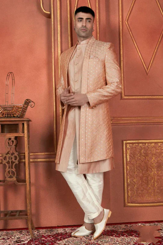 Men's Dusty Peach Art Silk Thread Work Indo Western Set