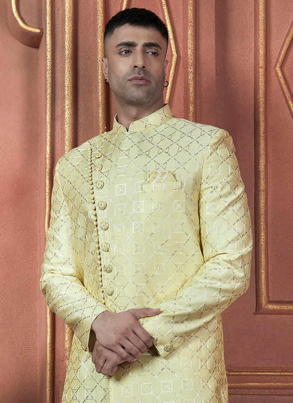 Men's Yellow Art Silk Thread Work Indo Western Set