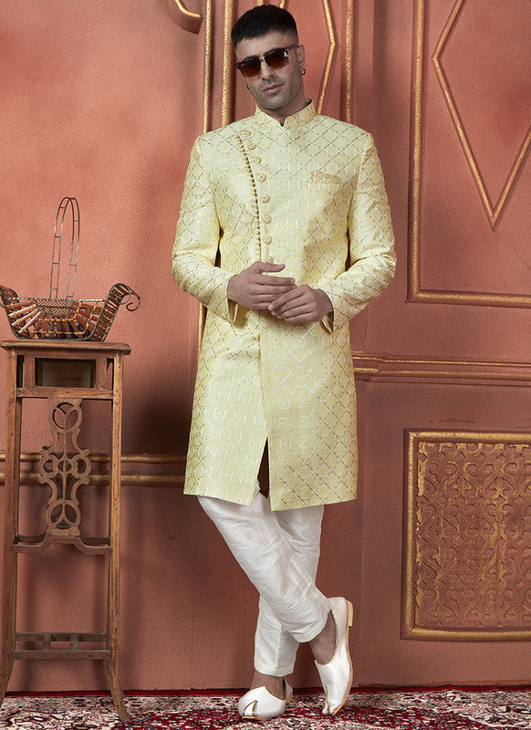 Men's Yellow Art Silk Thread Work Indo Western Set