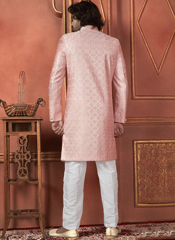 Men's Pink Art Silk Thread Work Indo Western Set