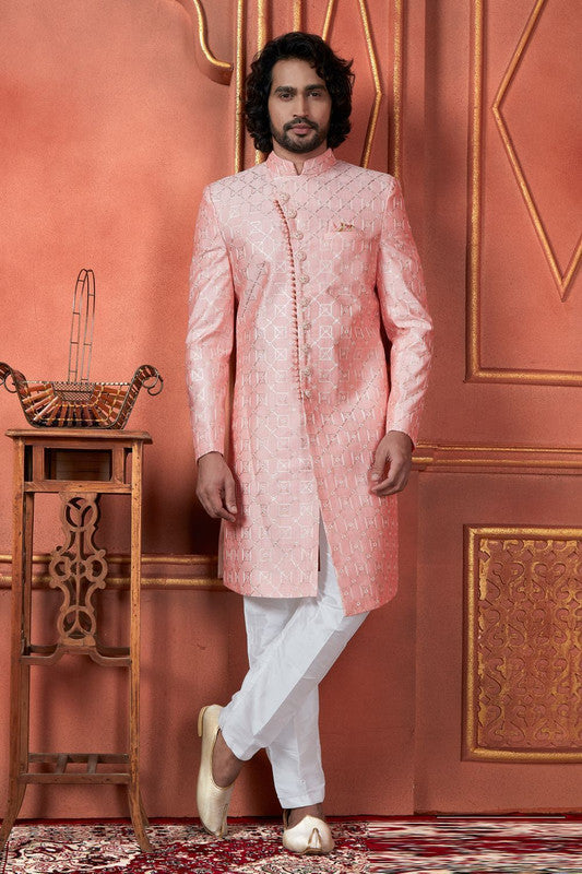 Men's Pink Art Silk Thread Work Indo Western Set