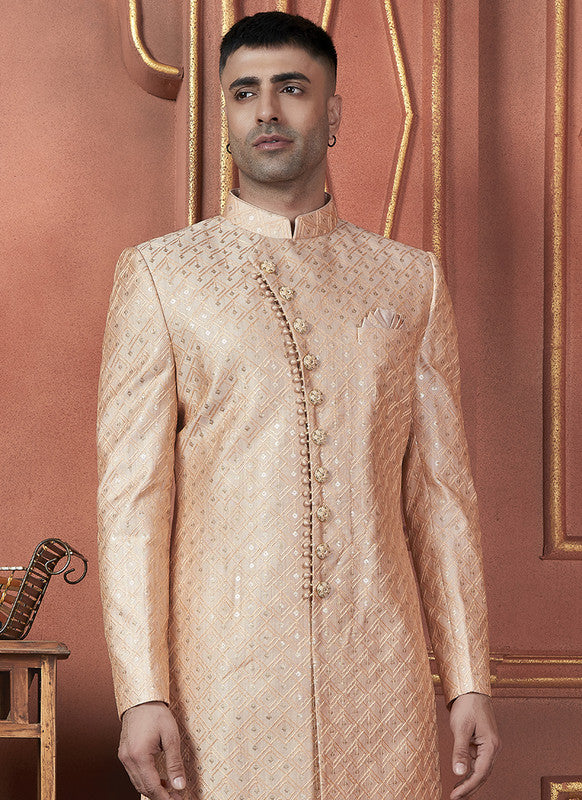Men's Peach Art Silk Thread Work Indo Western Set