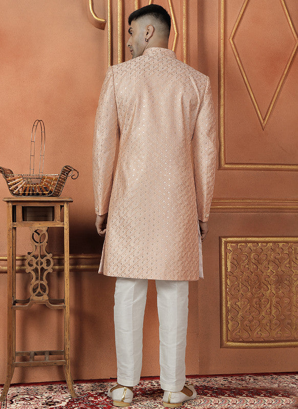 Men's Peach Art Silk Thread Work Indo Western Set