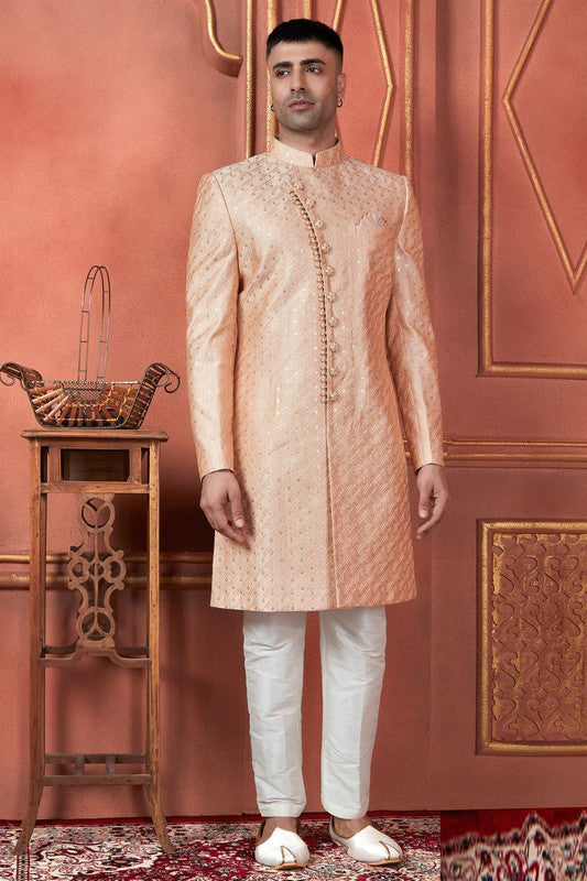 Men's Peach Art Silk Thread Work Indo Western Set