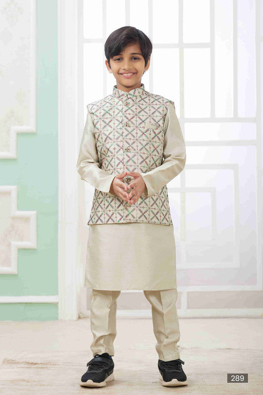 Boy's Pista Green Art Silk Embroidery Jacket Set