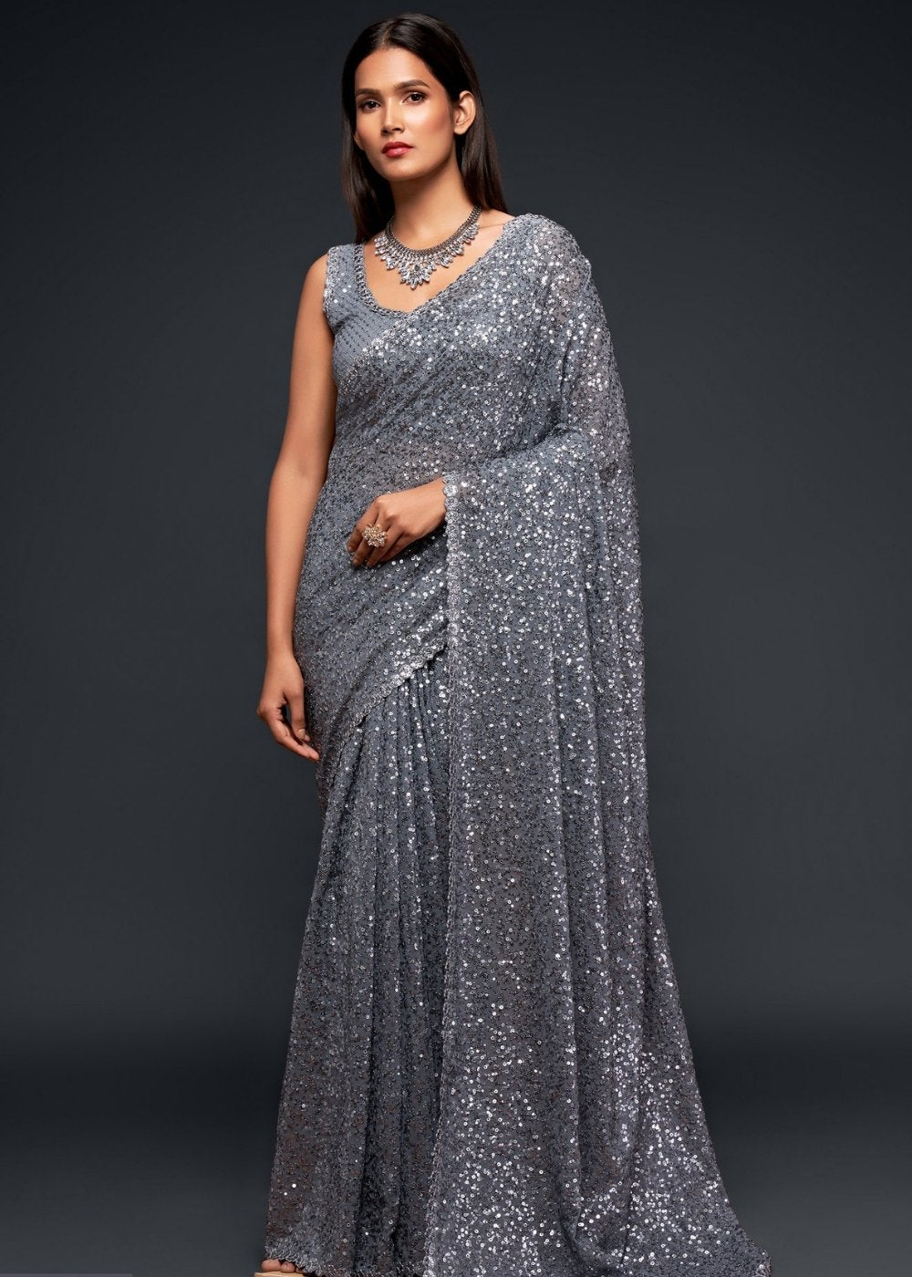 Silver Grey Sequins & Thread Embroidered Designer Georgette Saree - qivii
