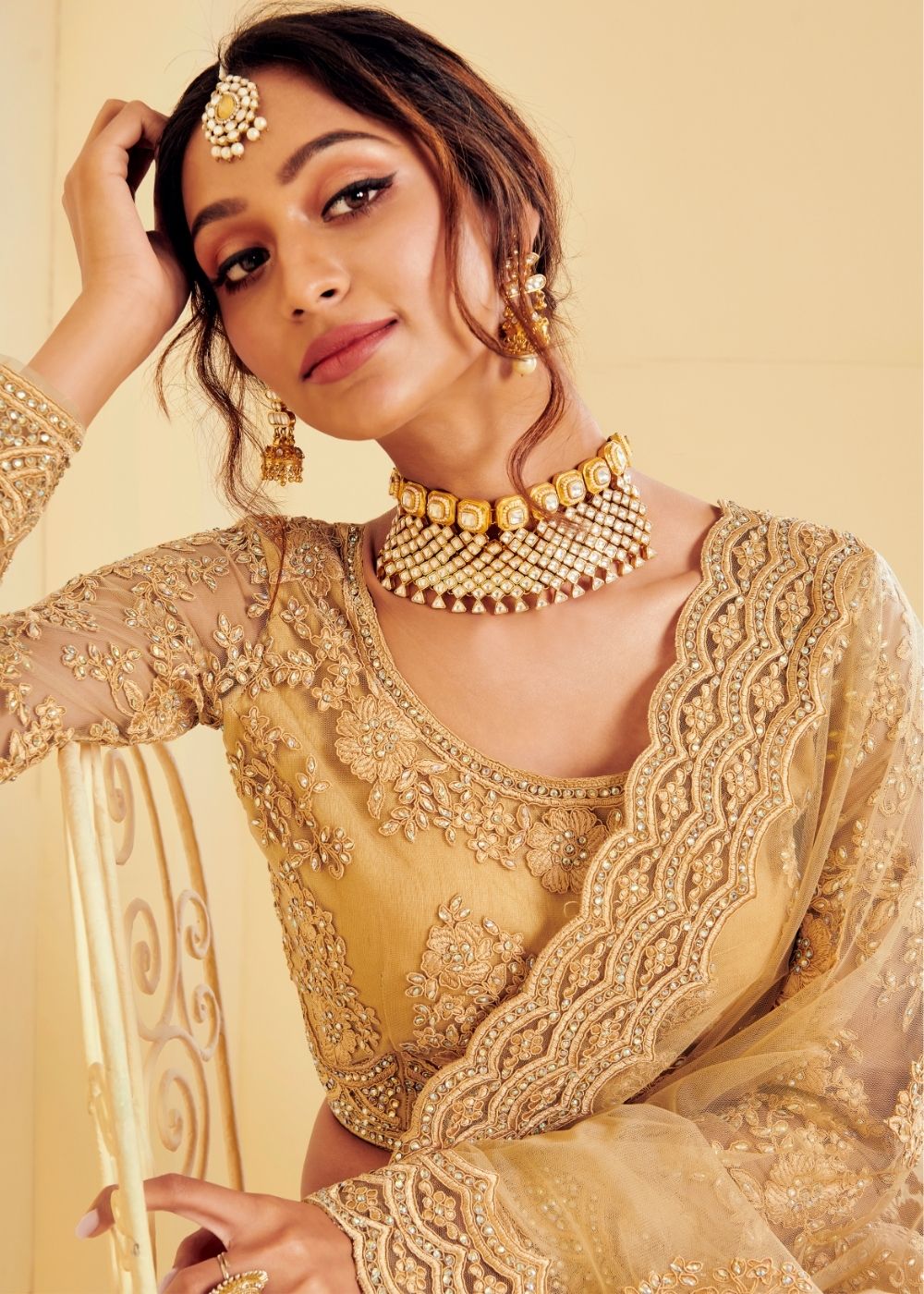Antique Golden Soft Net Lehenga Choli with Cording Embroidery & Stone work | Ready To Wear - qivii