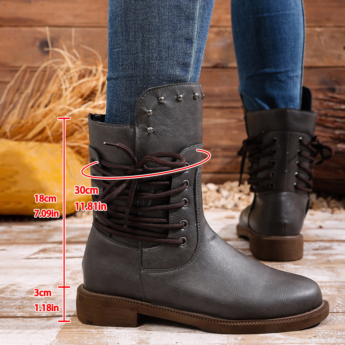 Women's Rivet Roma Boots - Side Lace Chunky Heel Mid Calf Boots (US 4-10.5)