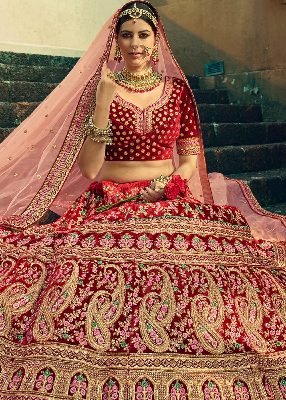 Sangria Red Bridal Velvet Lehenga Choli with Embroidery & Hand work | Ready To Wear - qivii