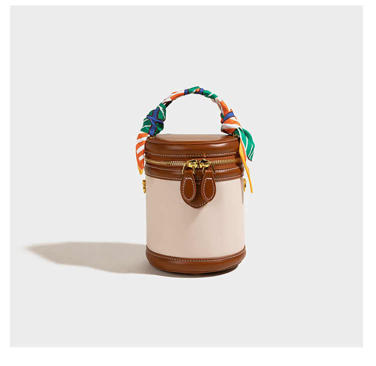 Women's Retro Color-Block Barrel Bag – Mini Cylinder Cosmetic Case with Detachable Silk Scarf & Chain Strap