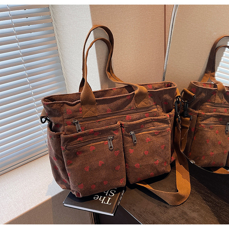 Women's Corduroy Cherry Print Tote Bag – Versatile Women's Strawberry Shoulder & Crossbody Large Capacity Mommy Bag