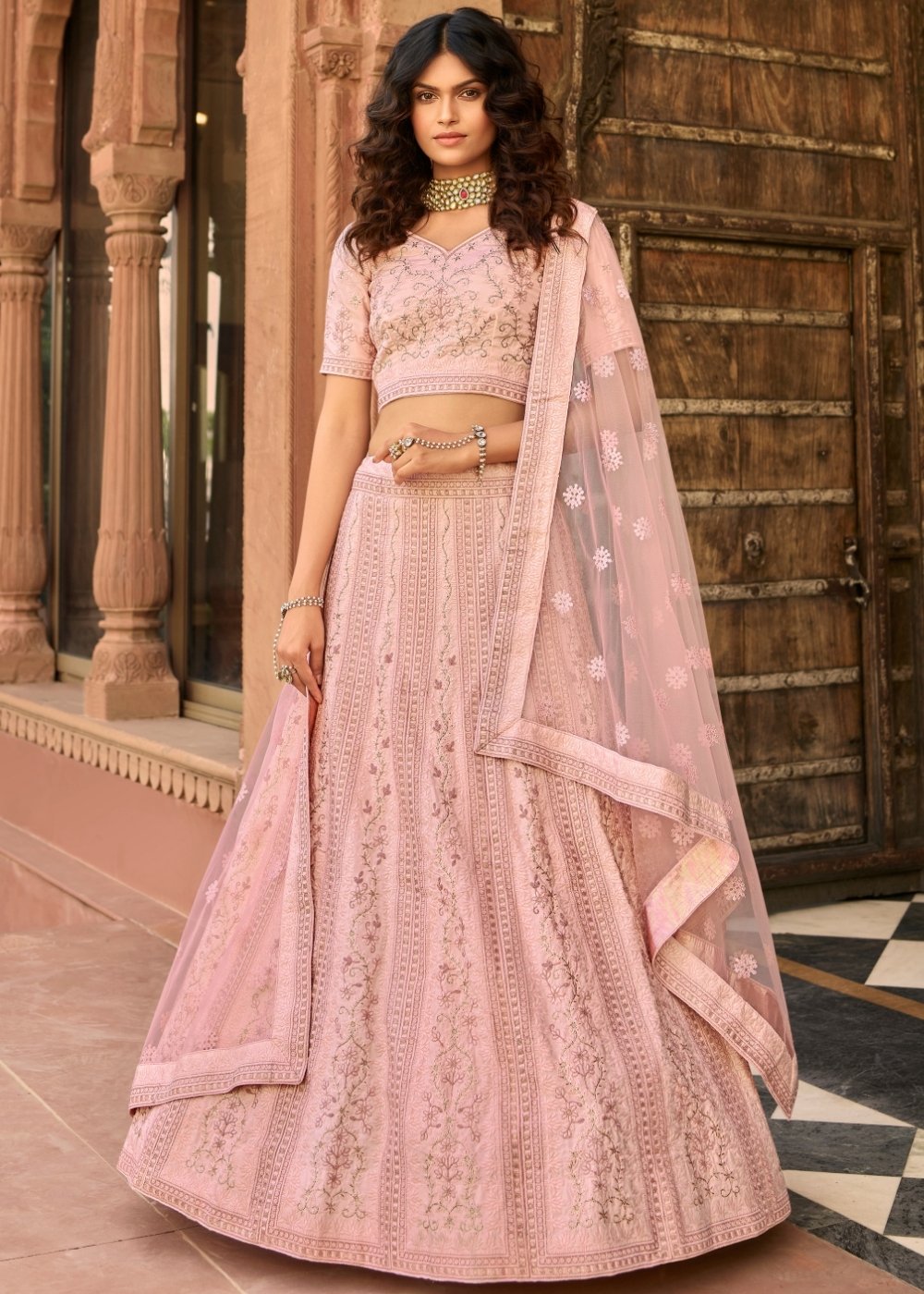 Baby Pink Organza Lehenga with Zari,Thread & Sequins work | Ready To Wear - qivii