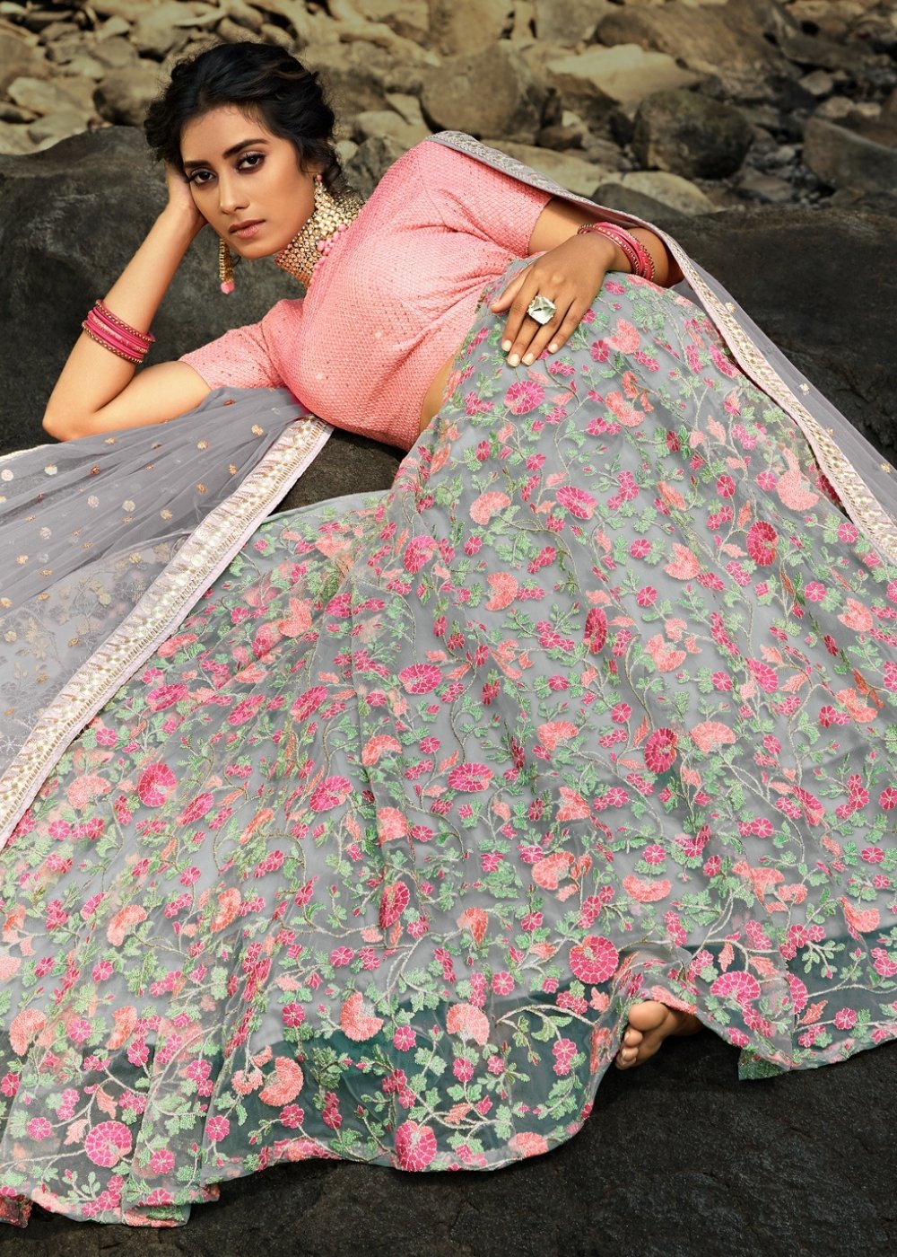 Seal Grey Designer Soft Net Lehenga Choli with Sequins, Thread & Zari work | Ready To Wear - qivii