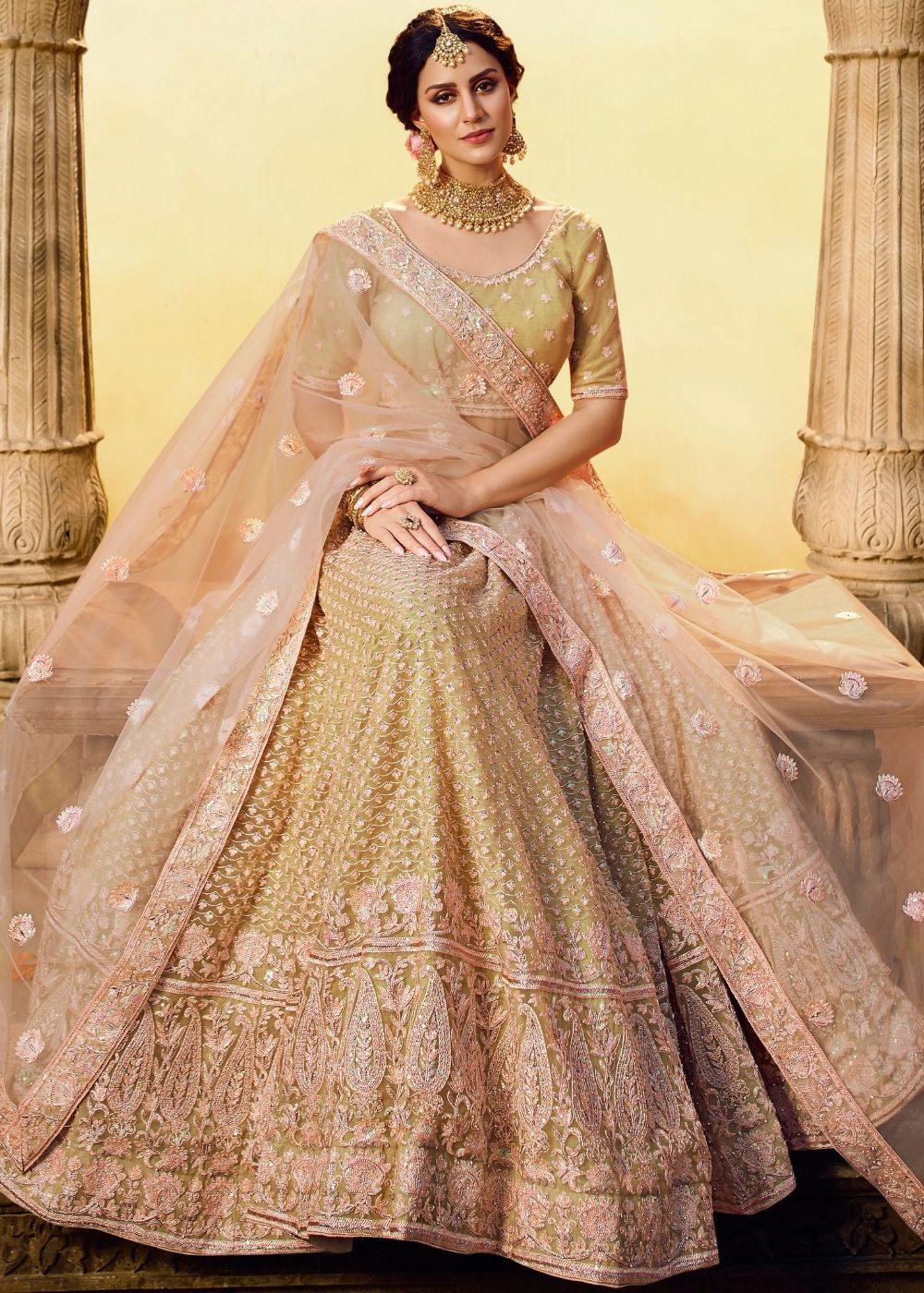 Golden Silk and Soft Net Bridal Lehenga Choli with Resham Embroidery and Aari work | Ready To Wear - qivii