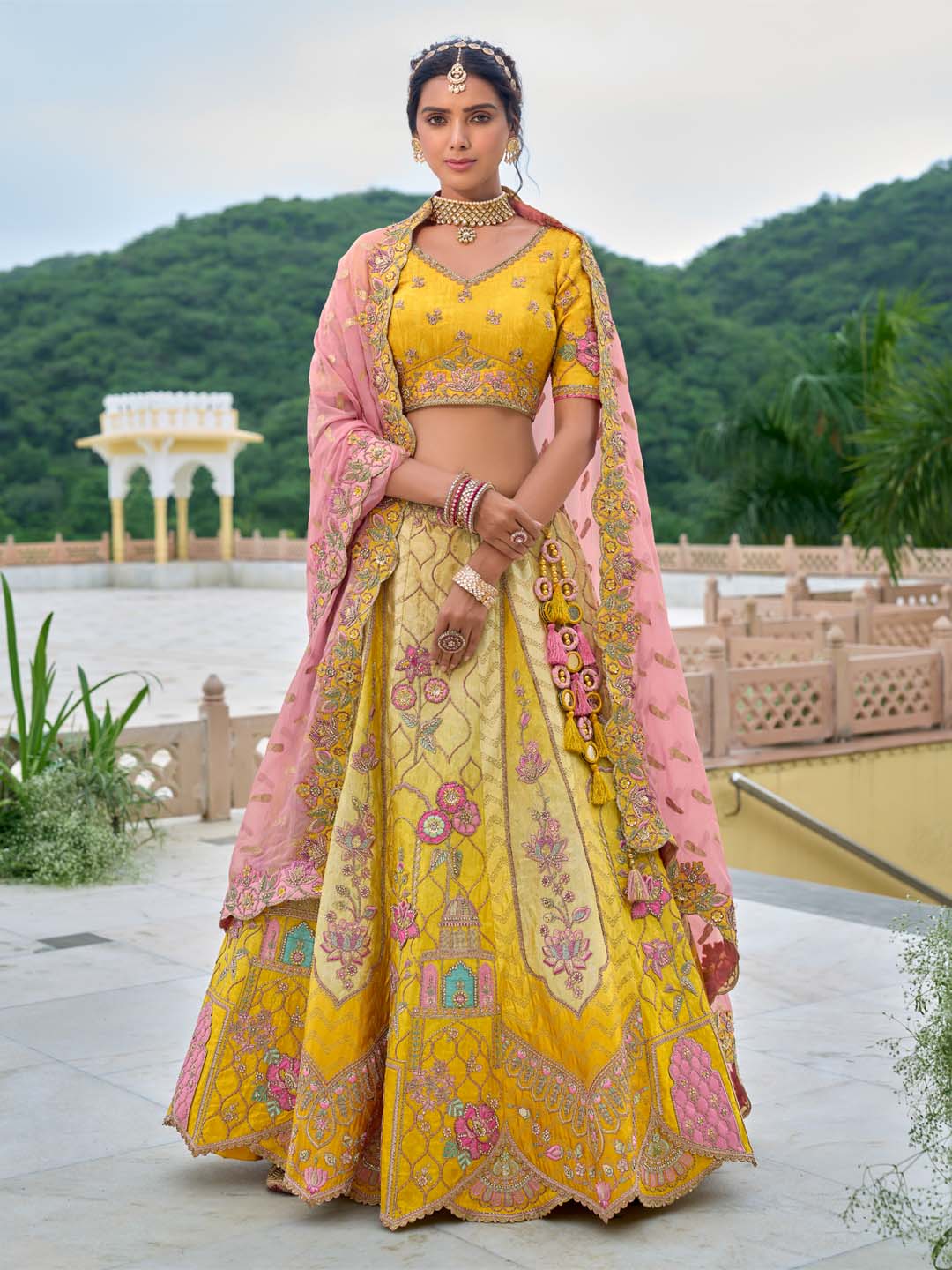 Yellow-Pink Shade Patch-Work & Cut-Work Silk Embroidered Semi Stitched Lehenga Choli - qivii