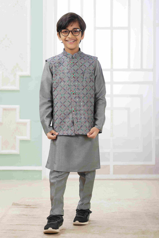 Boy's Dark Grey Art Silk Embroidery Jacket Set