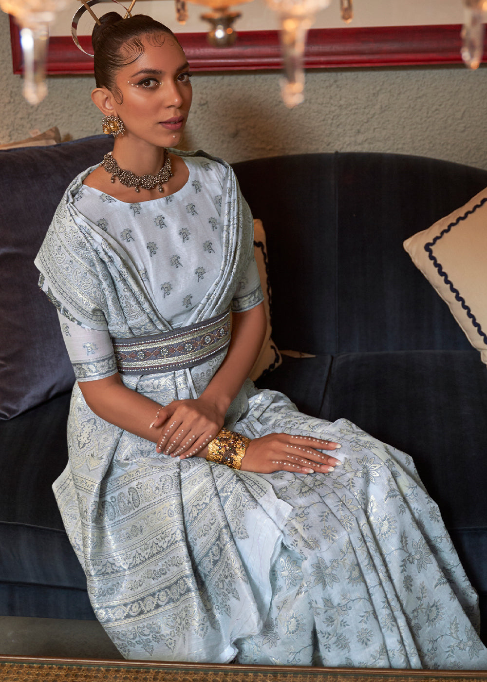 Silver Grey Kashmiri Woven Cotton Silk Saree - qivii