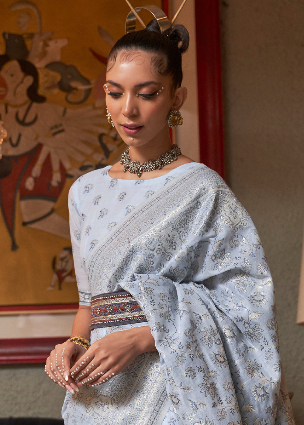 Silver Grey Kashmiri Woven Cotton Silk Saree - qivii