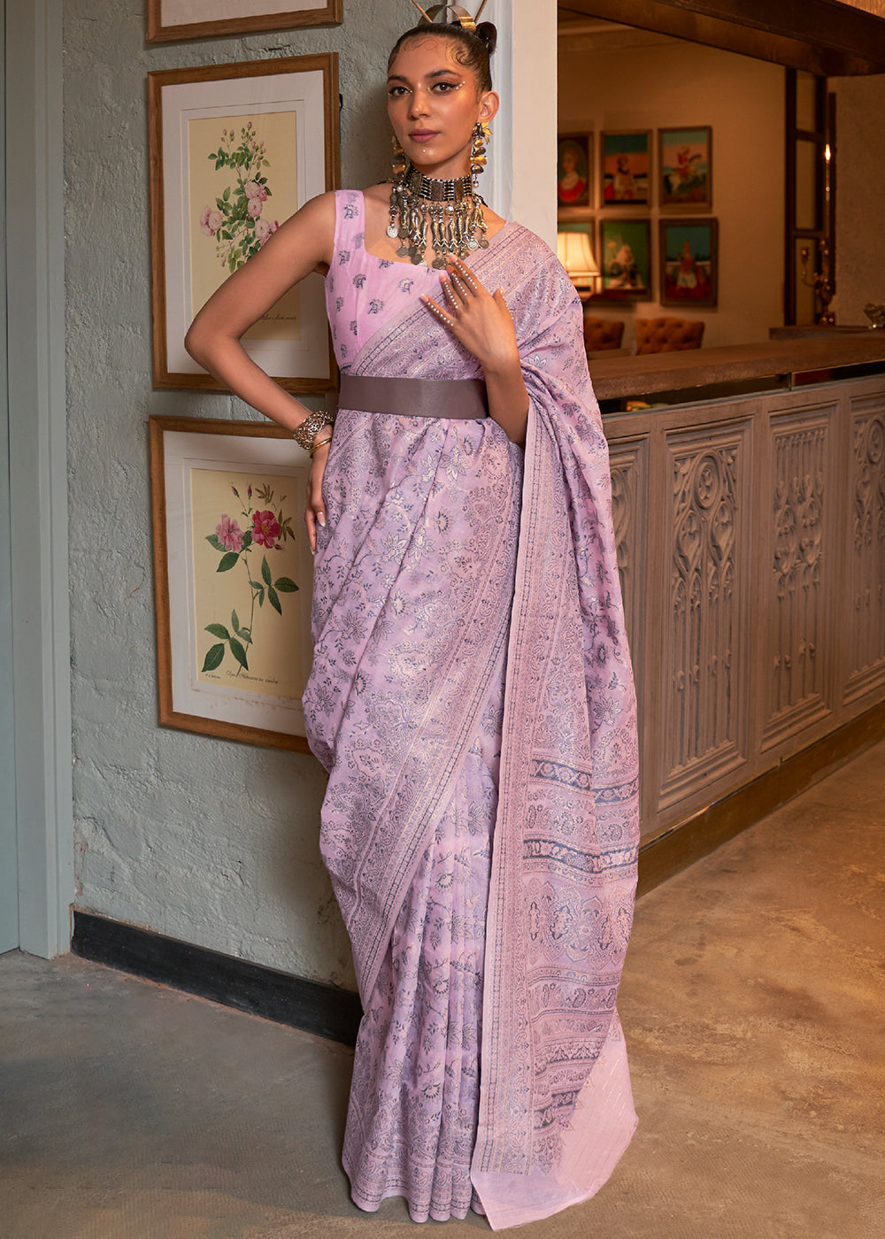 Lavender Purple Kashmiri Woven Cotton Silk Saree - qivii