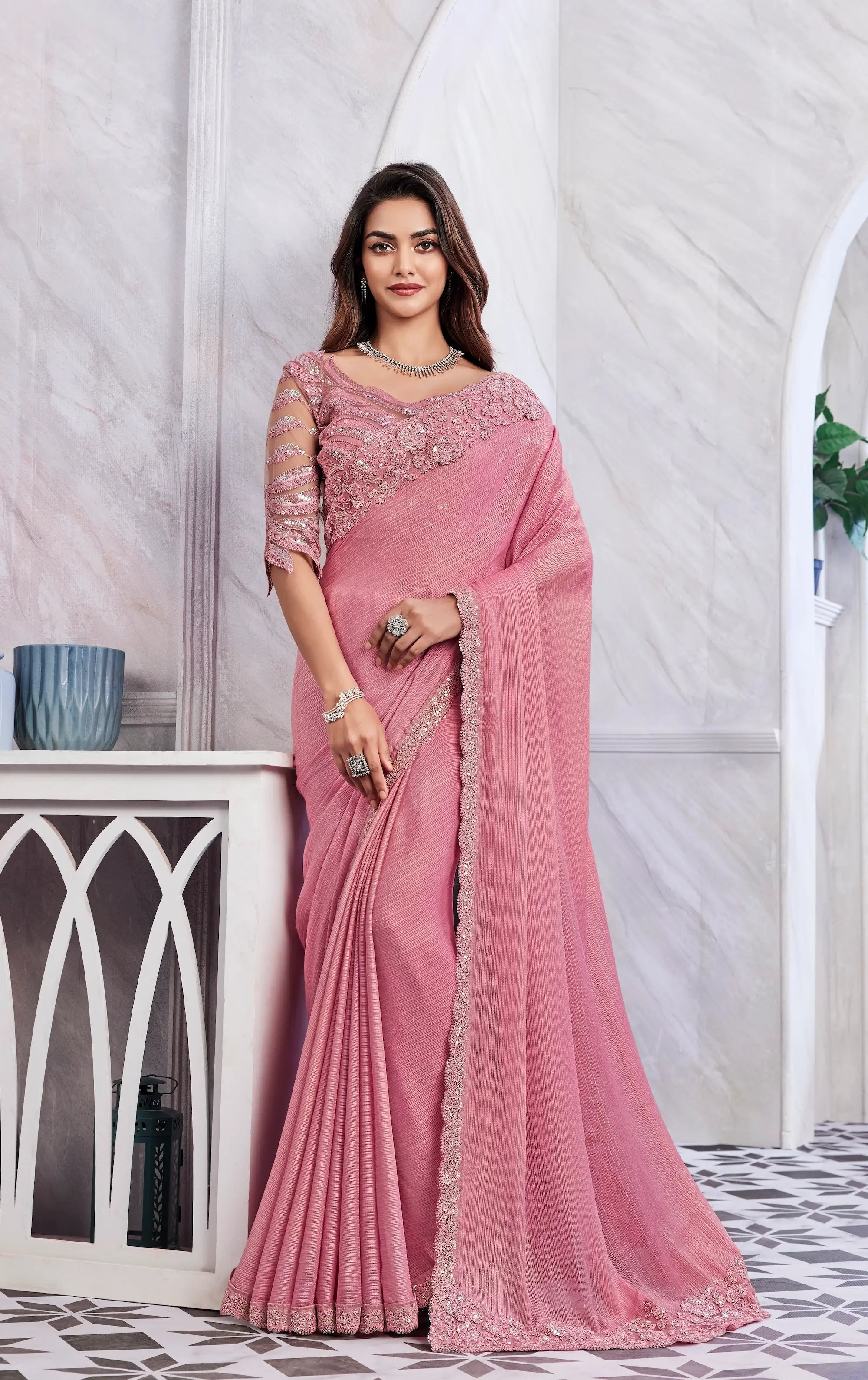 Peach Shimmer Silk Saree - qivii