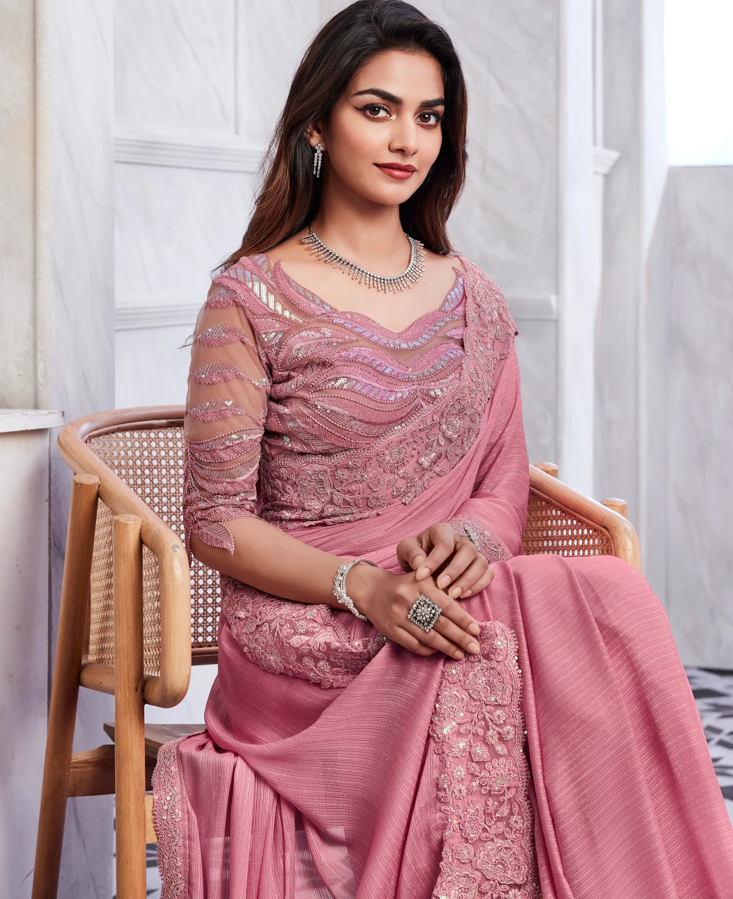 Peach Shimmer Silk Saree - qivii