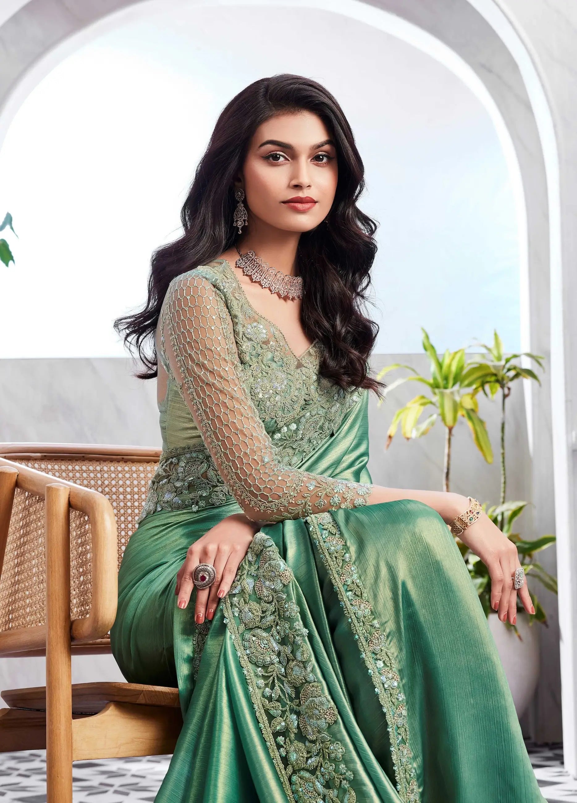 Pista Green Gold Shimmer Silk Saree With Unstitched Blouse - qivii