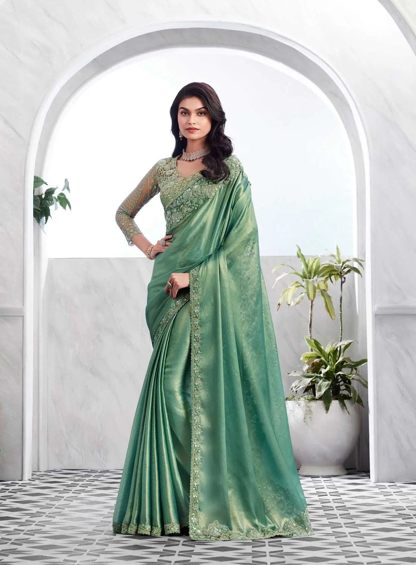 Pista Green Gold Shimmer Silk Saree With Unstitched Blouse - qivii