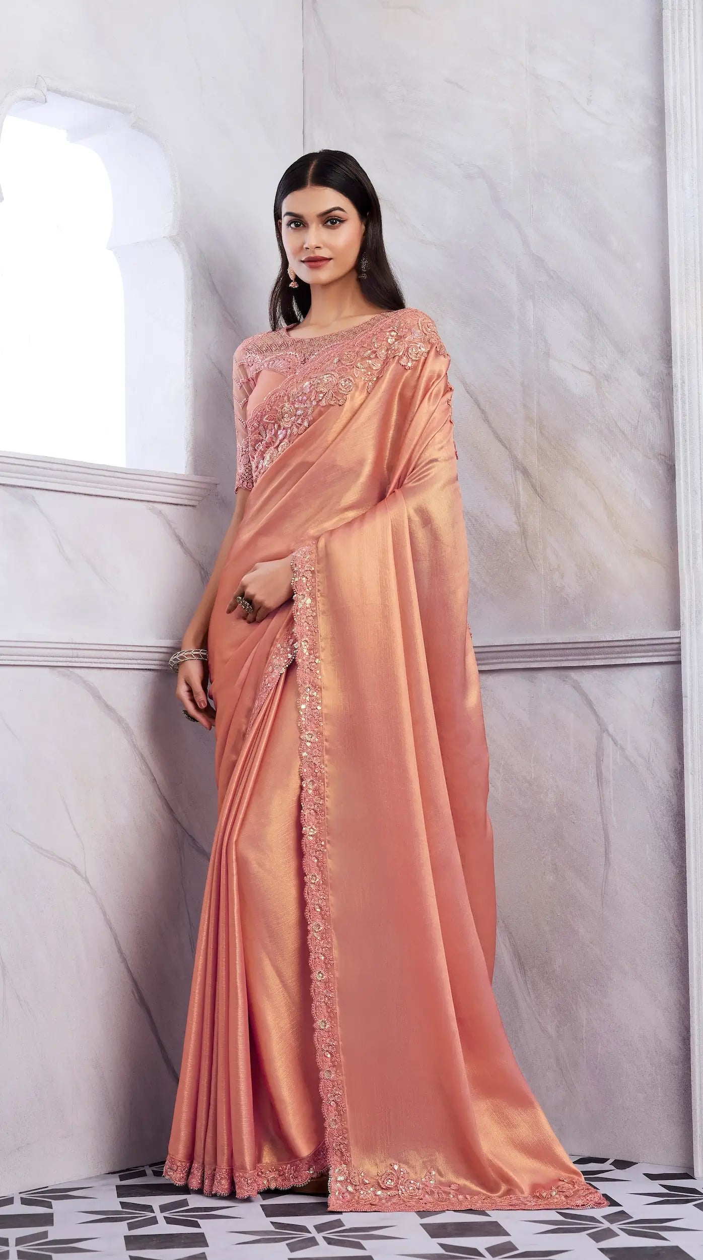 Dusty Orange Golden Shimmer Silk Saree - qivii