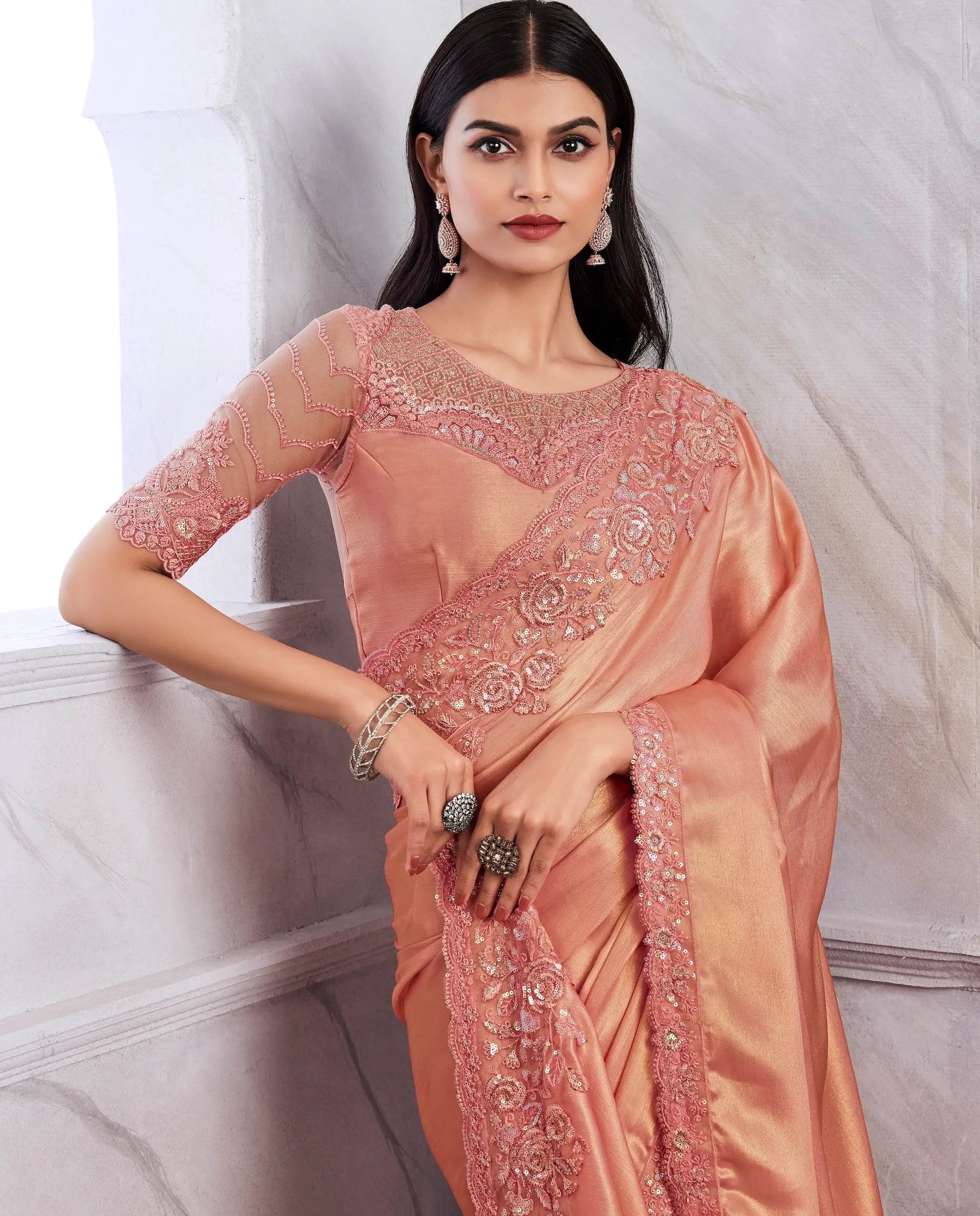 Dusty Orange Golden Shimmer Silk Saree - qivii