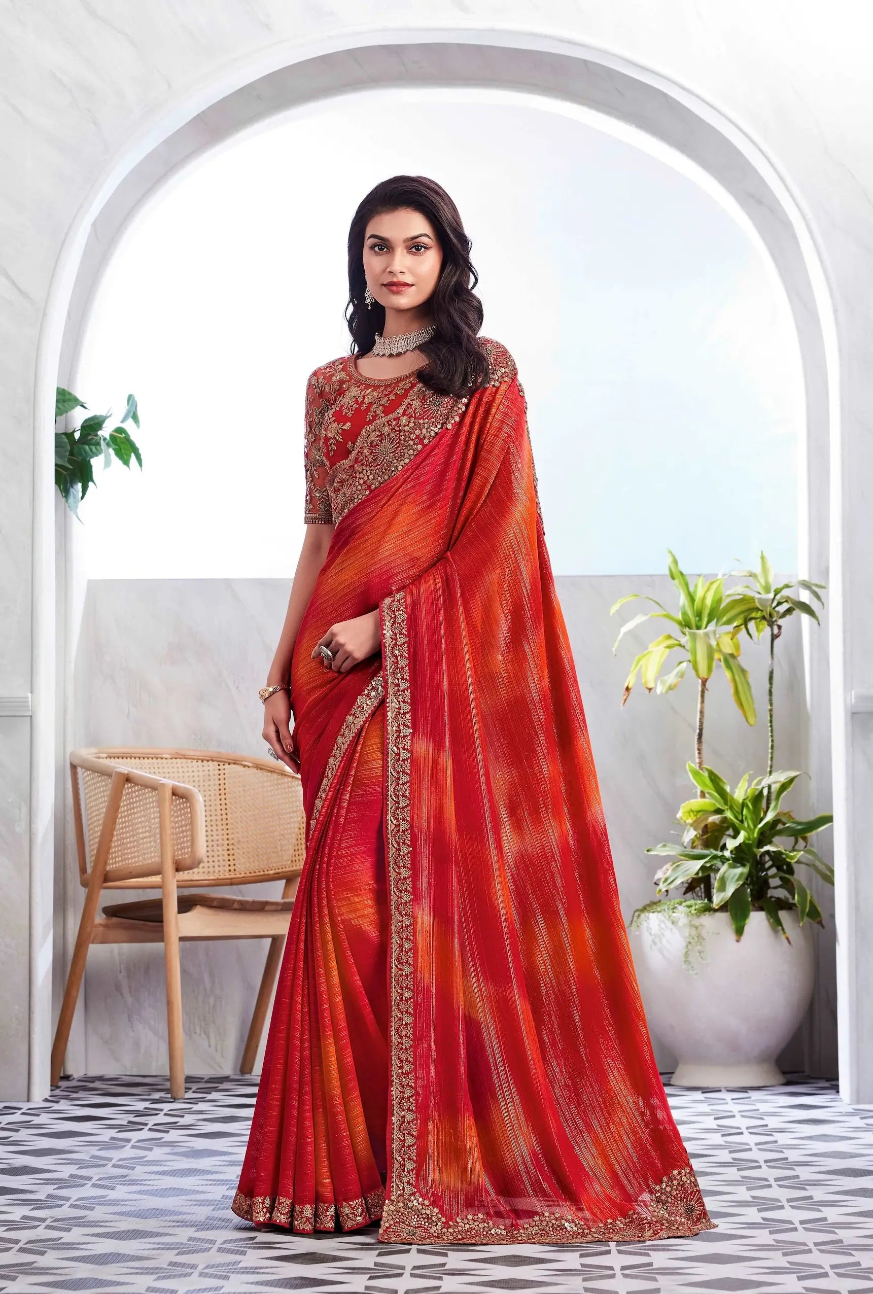 Cherry Red Golden Shimmer Silk Saree - qivii