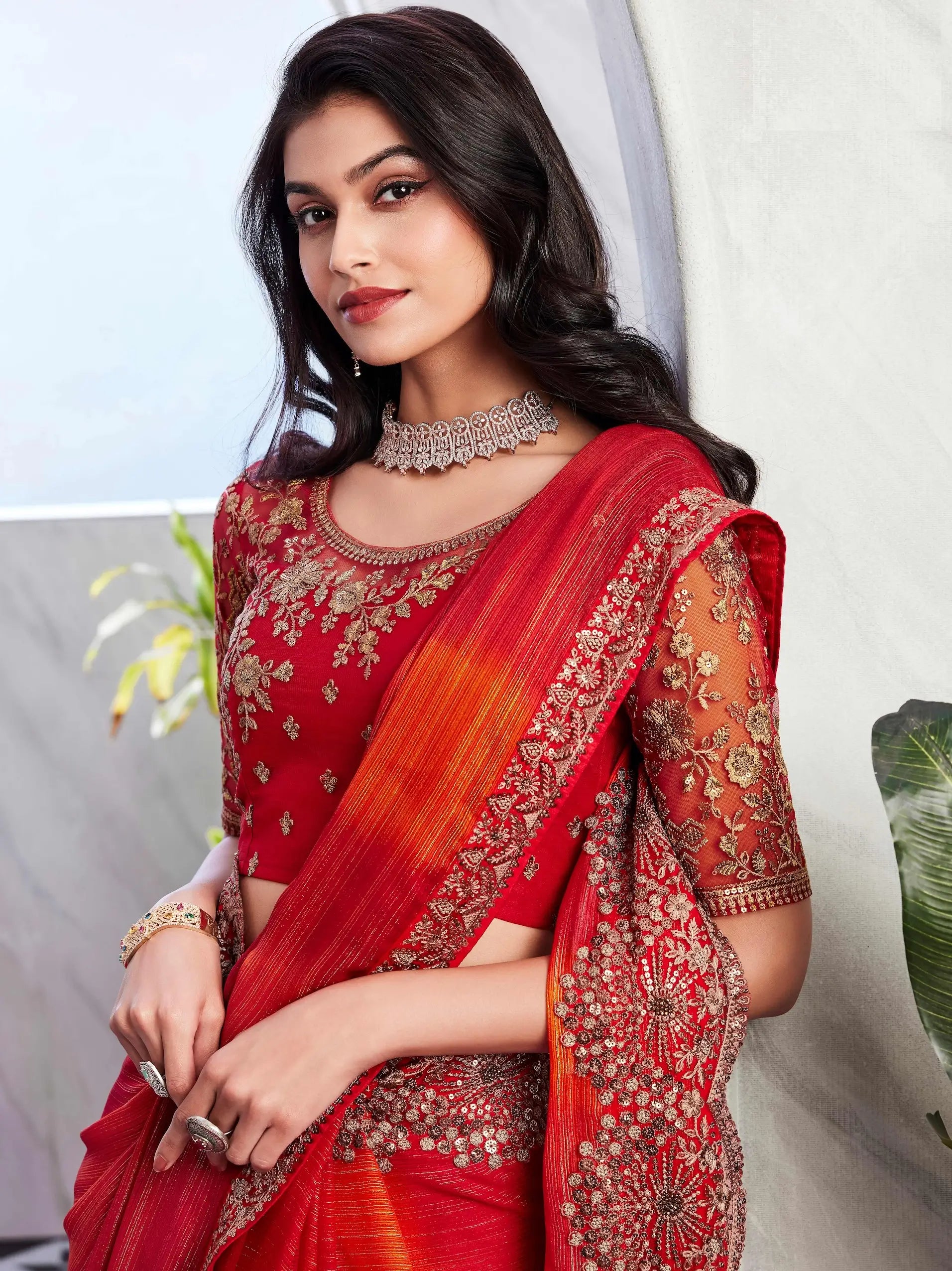 Cherry Red Golden Shimmer Silk Saree - qivii