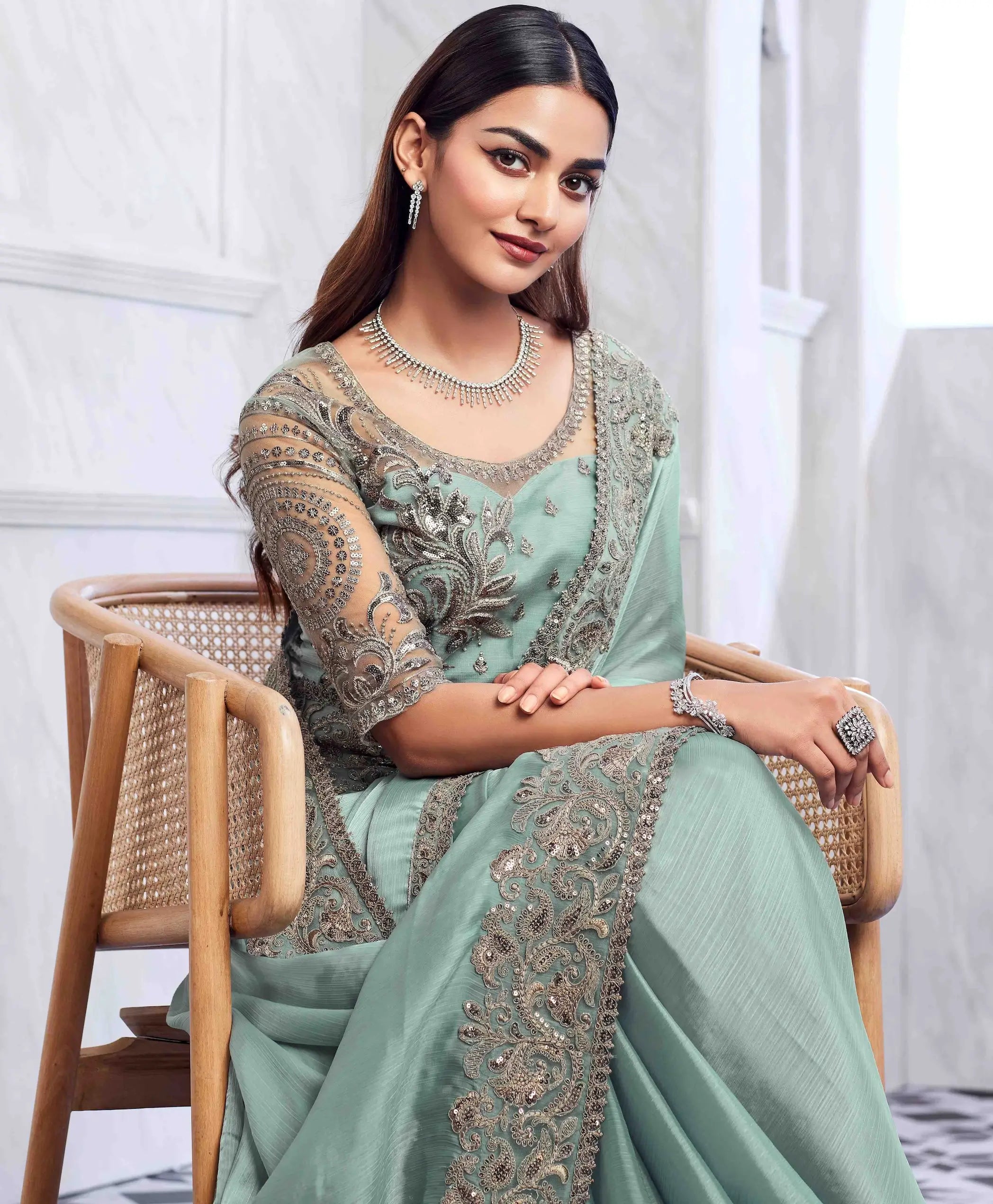 Pista Green Glass Silk Saree - qivii