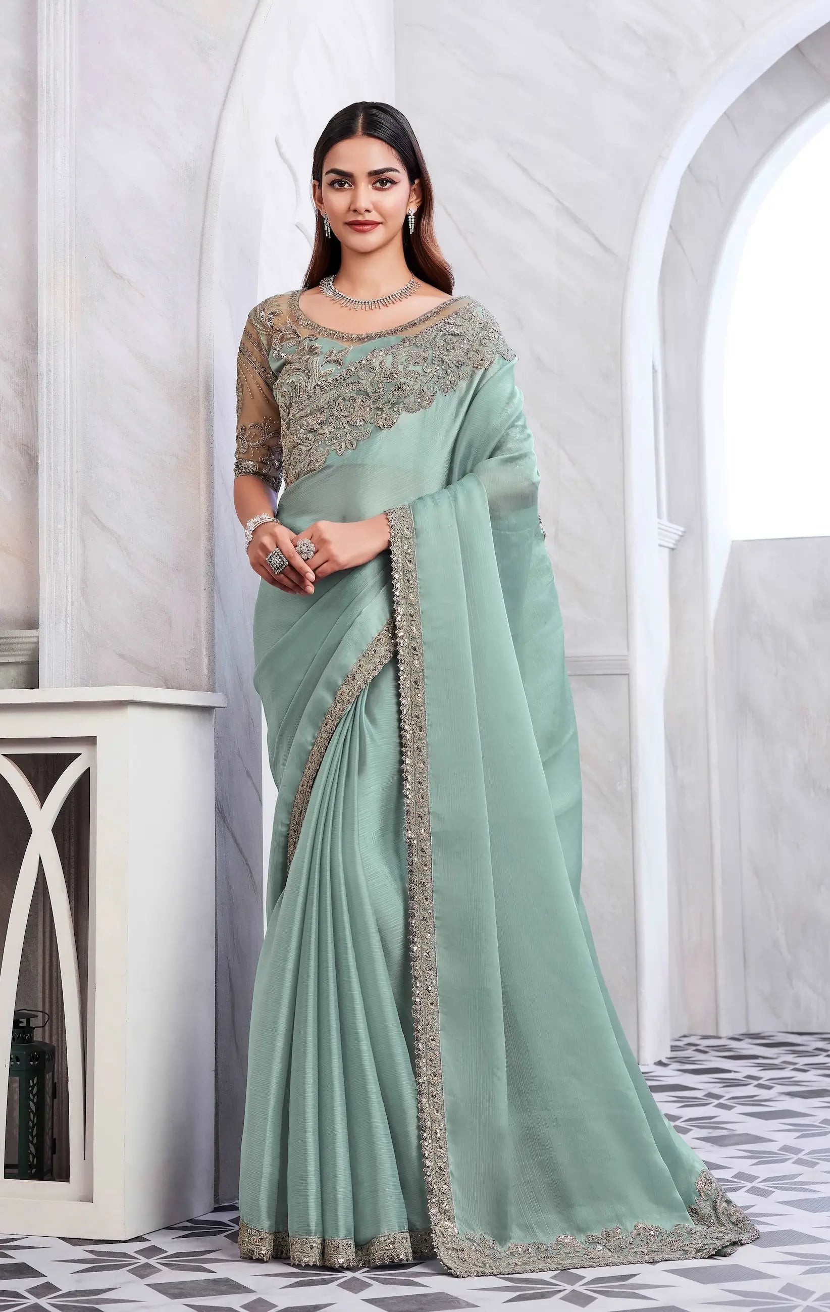 Pista Green Glass Silk Saree - qivii