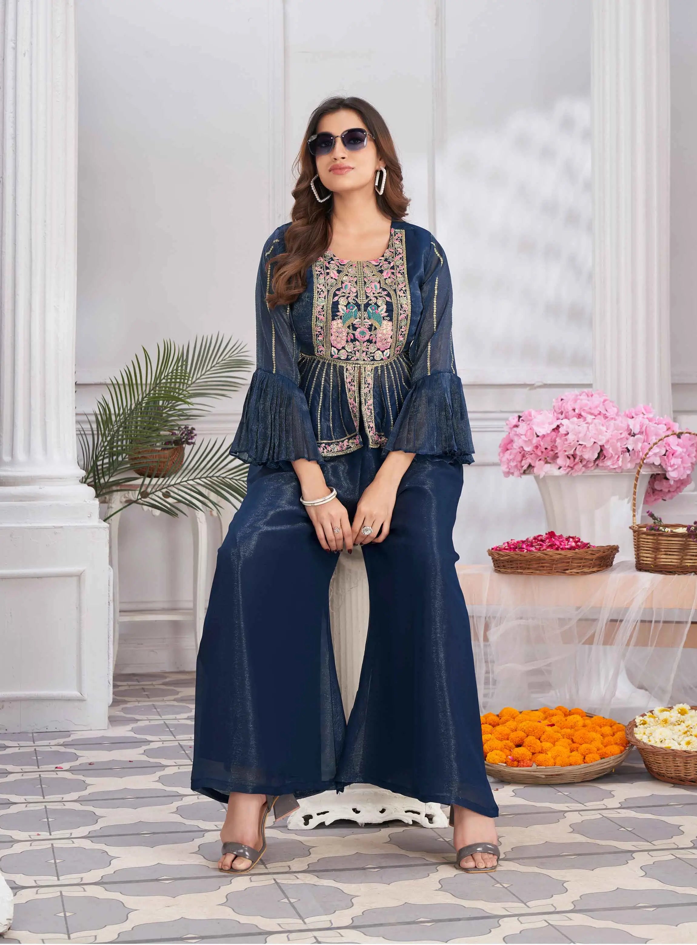 Blue Designer Embroidery Hand Work Fancy Top & Sharara - qivii