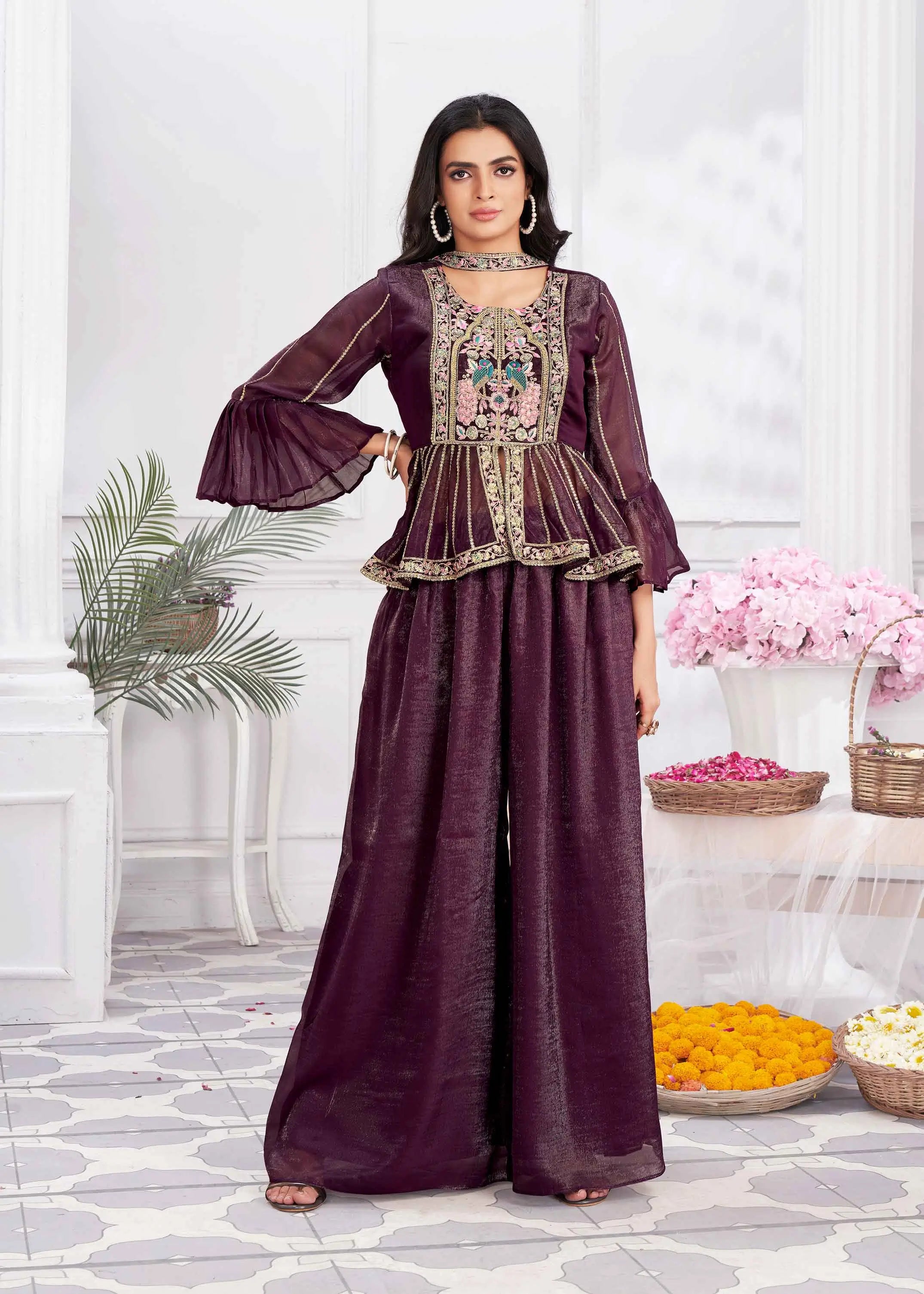 Wine Designer Embroidery Hand Work Fancy Top & Sharara