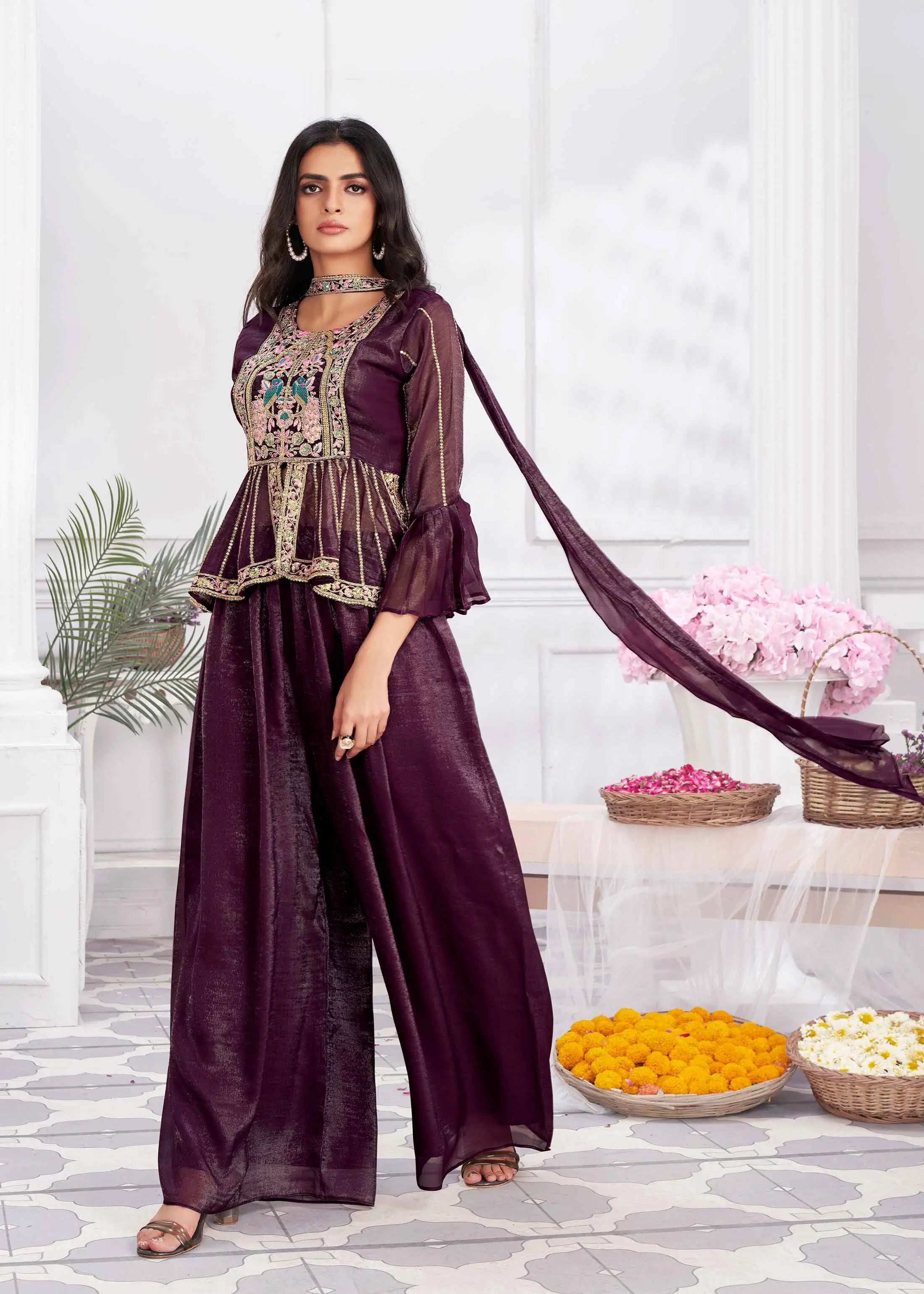 Wine Designer Embroidery Hand Work Fancy Top & Sharara