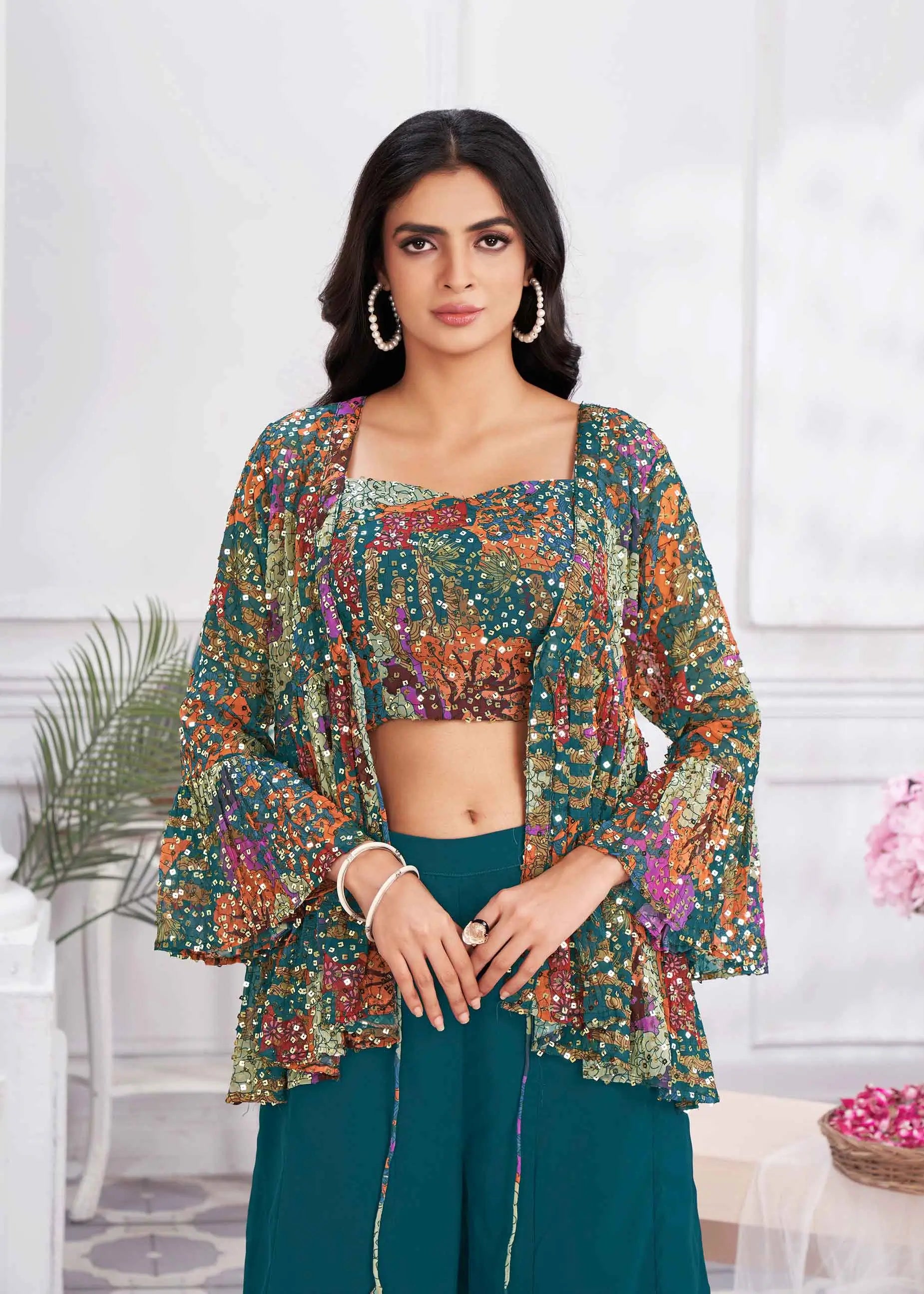 Teal Blue Sequins Embroidery Work Indo Western With Shrug - qivii