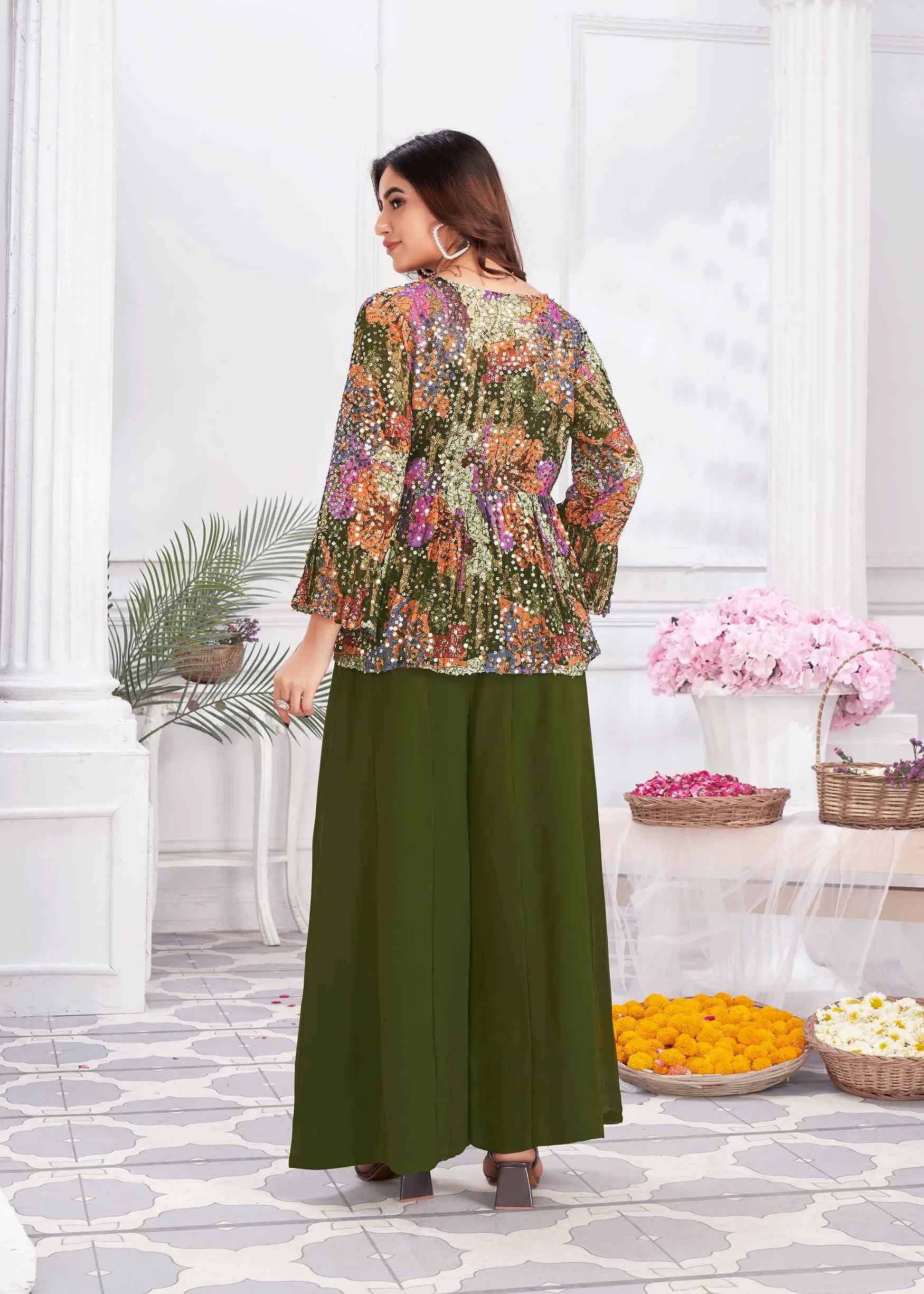 Olive Green Sequins Embroidery Work Indo Western With Shrug - qivii