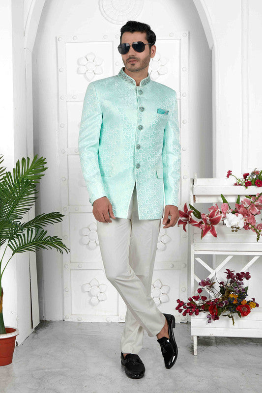 Men's Firozi Green Jacquard Silk Embroidery Jodhpuri Jacket
