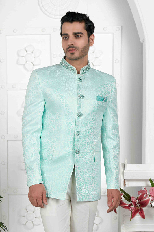 Men's Firozi Green Jacquard Silk Embroidery Jodhpuri Jacket