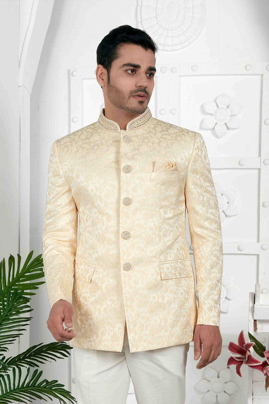 Men's Beige Jacquard Silk Embroidery Jodhpuri Jacket