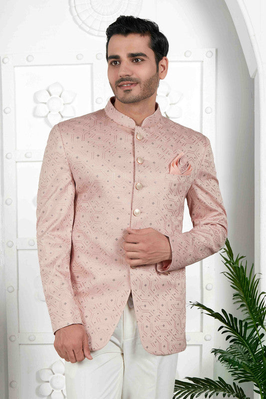 Men's Peach Art Silk Thread Work Jodhpuri Jacket
