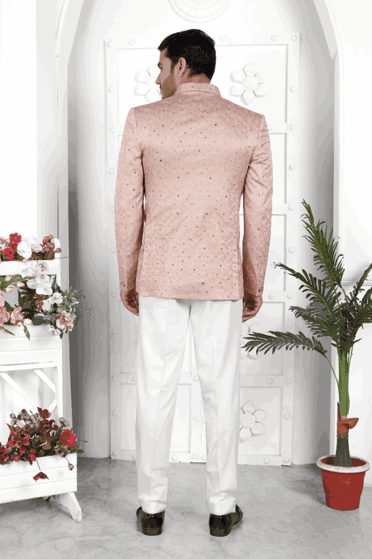Men's Peach Art Silk Thread Work Jodhpuri Jacket