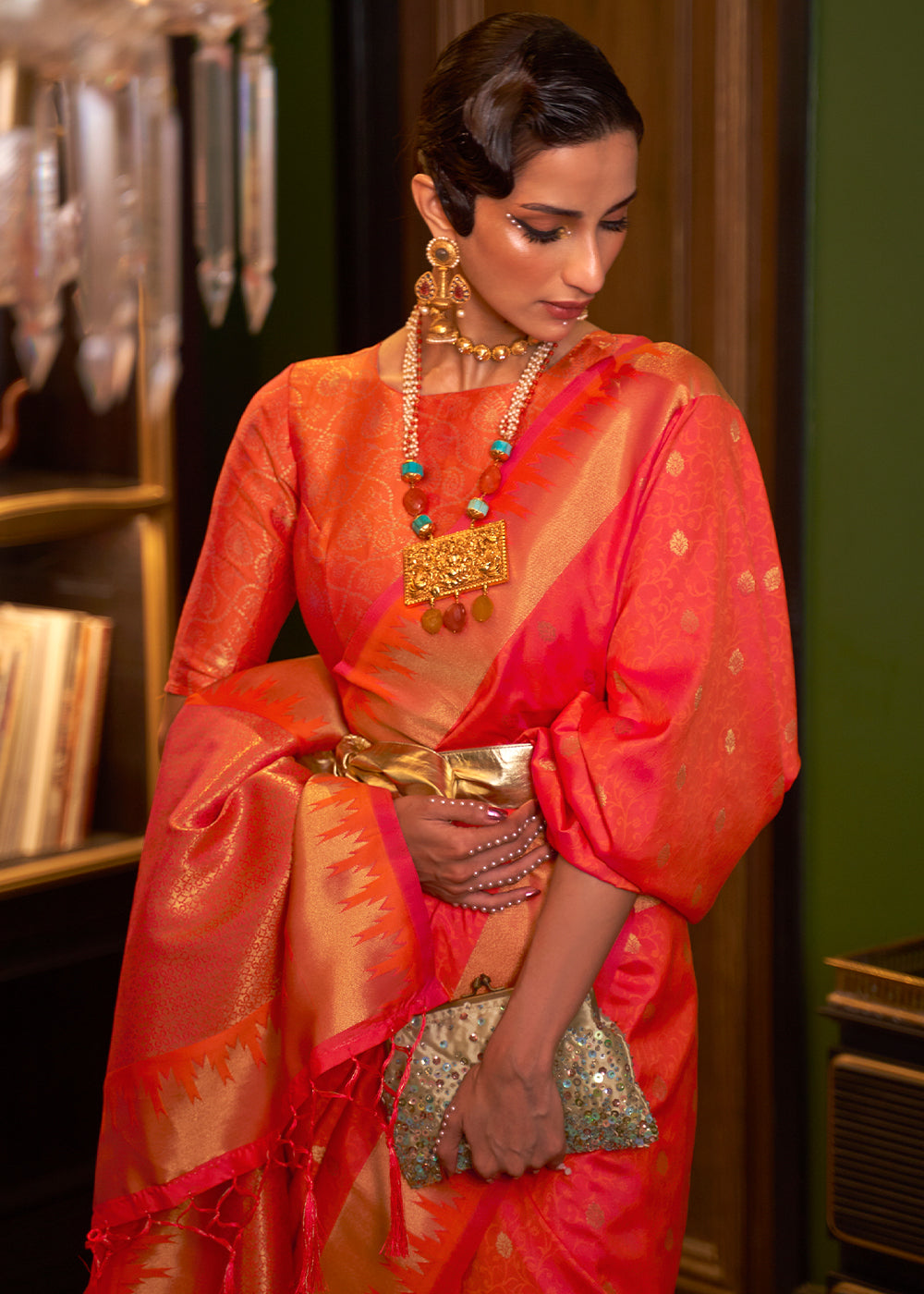Orange & Pink Handloom Woven Banarasi Silk Saree - qivii