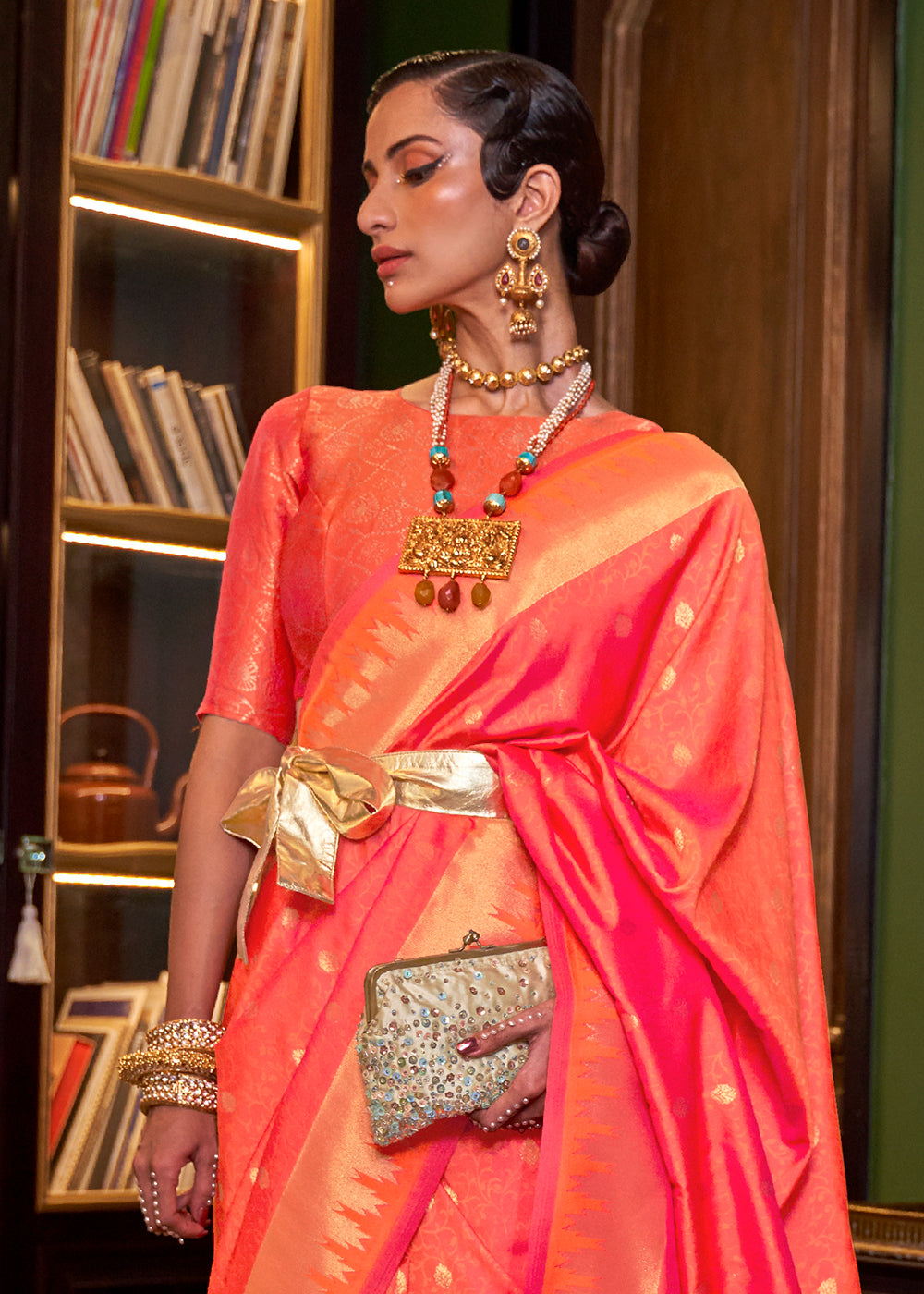 Orange & Pink Handloom Woven Banarasi Silk Saree - qivii