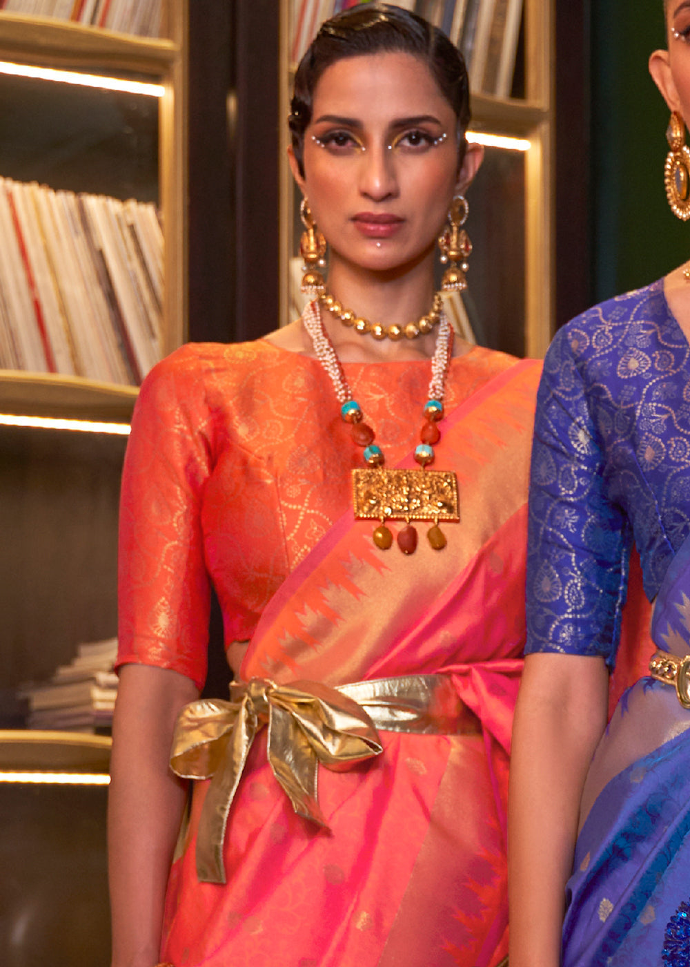 Orange & Pink Handloom Woven Banarasi Silk Saree - qivii