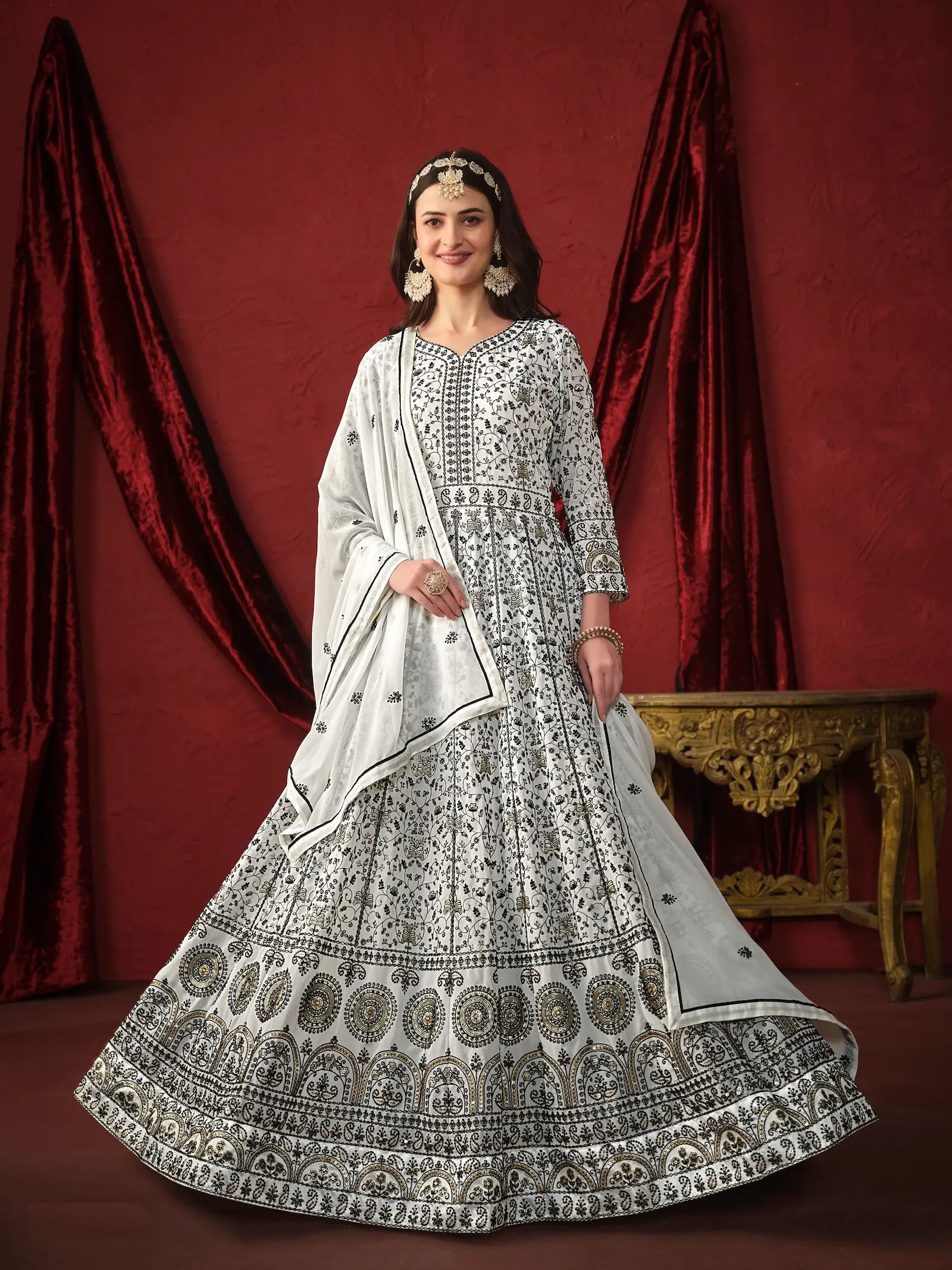 White Georgette Thread & Sequence Embroidery Work Gown - qivii