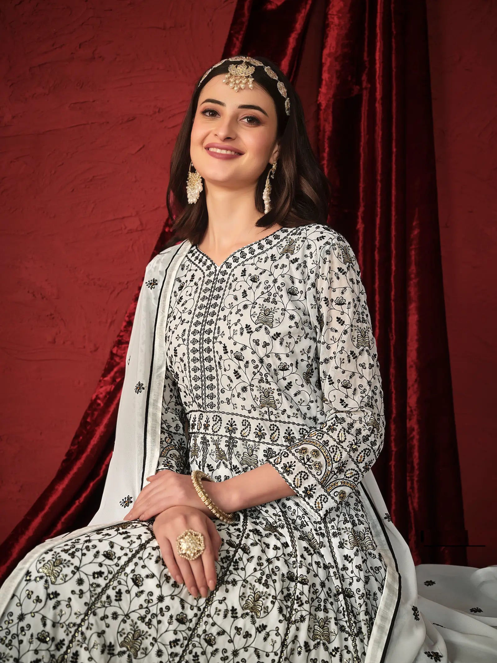 White Georgette Thread & Sequence Embroidery Work Gown - qivii